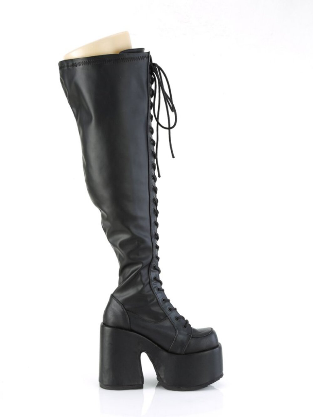Chunky Heel Vegan Leather Stretch Wide Calf Thigh-High Boots with Outside Metal